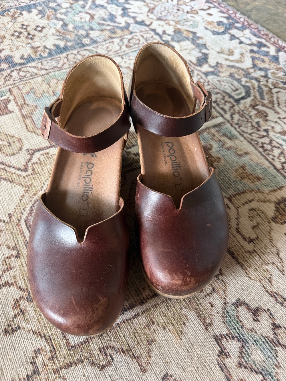 Papillio Brown Leather Mary-Jane Clogs with Ankle Strap